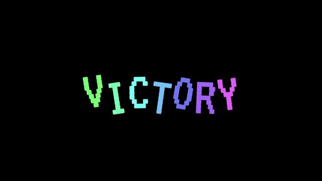 victory text animation for gaming winner moment, achievement effect, retro user interface overlay and success graphi