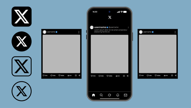 Minimalist X post mockups with smartphone display, Clean feed post layout templates, Modern digital marketing graphics highlighting mobile app UI elements