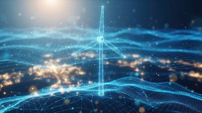 Renewable energy concept featuring a single wind turbine standing in a blue sea of digital data waves.