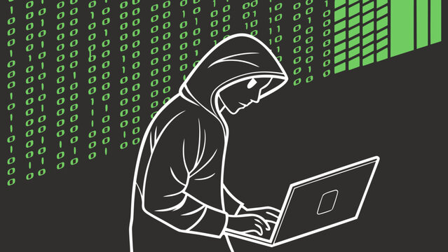 Hacker using laptop with digital binary code background computer security internet cybersecurity phishing technology anonymous software programming illustration clandestine information
