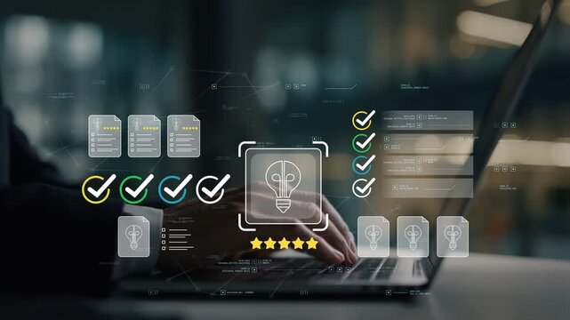 Business professional reviewing innovation strategy with animated light bulb icon, creative workflow documents, digital planning dashboard and enterprise business development technology