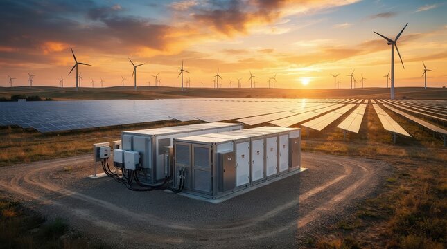 Future energy technology innovation featuring solar panels, wind turbines, and smart grid solutions.