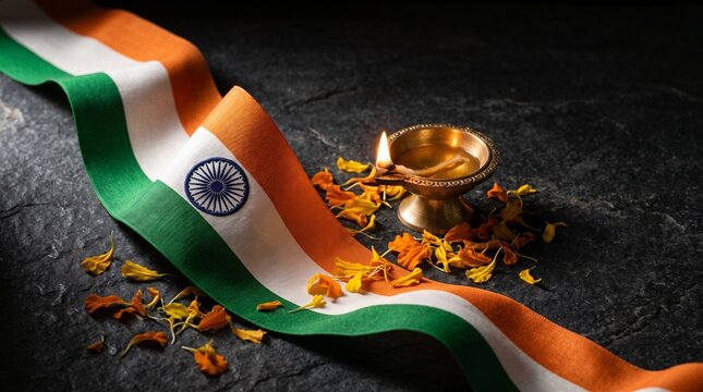 Indian flag ribbon with diya lamp and marigold flowers on dark stone