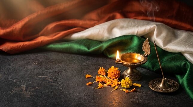Indian independence day celebration with diya lamp and marigold flowers