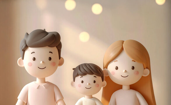 暖かな光の中で微笑む3人家族の3Dクレイ風イラスト ファミリー・育児・住宅ローン・ライフプラン
