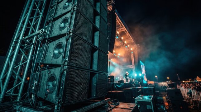 Powerful audio setup with professional concert speakers and event lighting for music festivals.