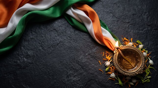 Lit diya lamp on dark stone with indian tricolor flag and flowers