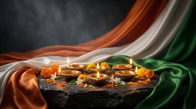 Group of lit diya lamps with indian tricolor flag and flowers