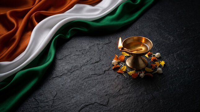 Indian tricolor flag fabric with a lit diya lamp and flower petals