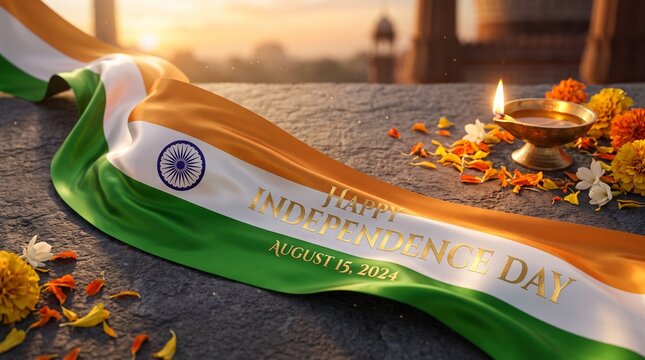 Indian independence day 2024 celebration with flag and diya lamp