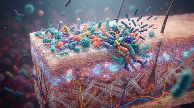 Microbial flora and skin layers protecting the body from harmful pathogens in a scientific illustration.