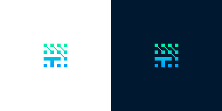 Modern technology letter T logo design featuring a digital circuit grid and futuristic pixel style