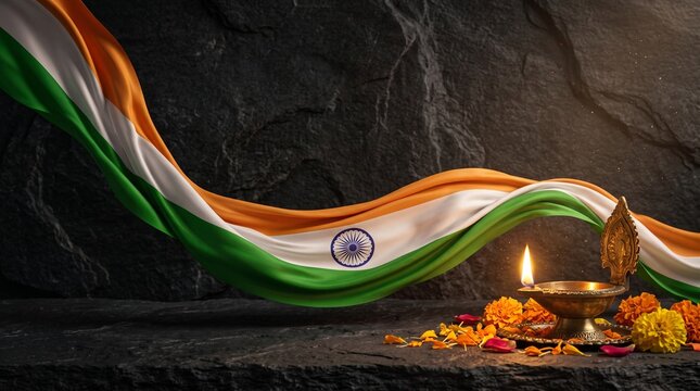 Indian independence day celebration with tricolor flag and diya lamp