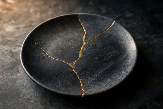 Traditional Japanese kintsugi ceramic plate with golden cracks on dark textured background, symbolizing healing, imperfection beauty, rebirth, and resilience