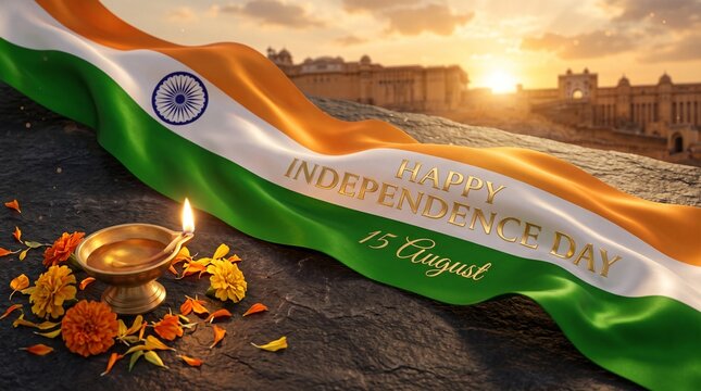 Happy independence day india 15 august celebration with flag and diya