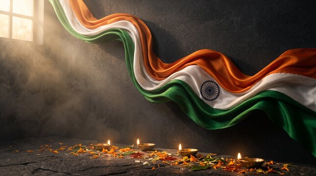 Indian flag draped with diya lamps and flower petals