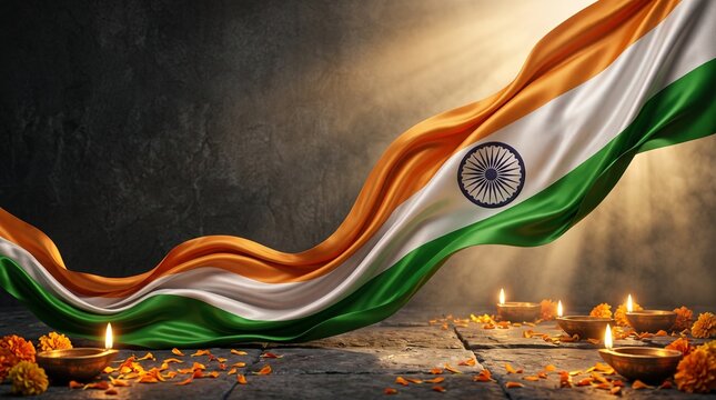 Waving indian flag with multiple diya lamps and flowers
