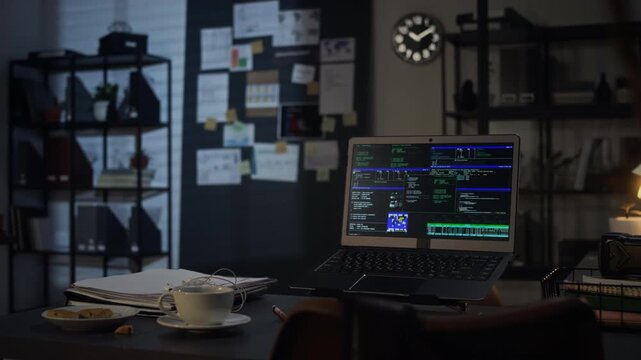 Close up of laptop displaying software code sitting on empty office desk at night. Video represents cybersecurity, programming, or late-night overtime work concepts