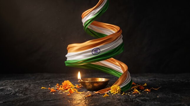 Abstract indian flag ribbon with glowing diya lamp and marigold flowers