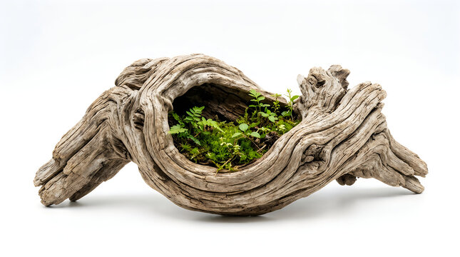 Old driftwood log with green moss and small forest plants illustration