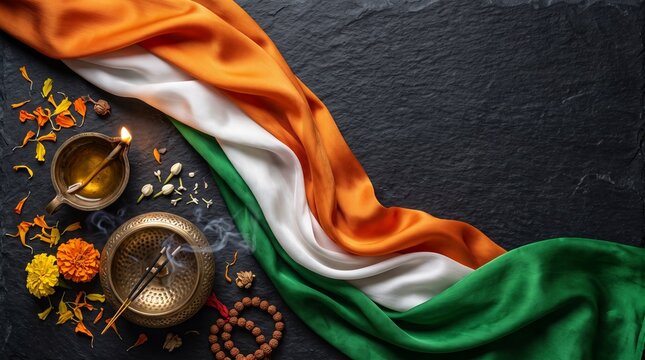 Indian flag drape with diya, incense, and flowers