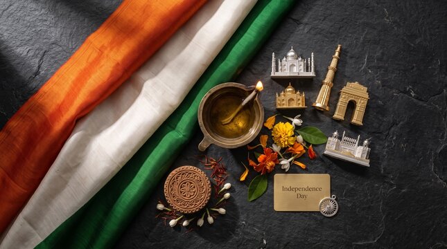 Indian independence day flatlay with monuments and tricolor flag