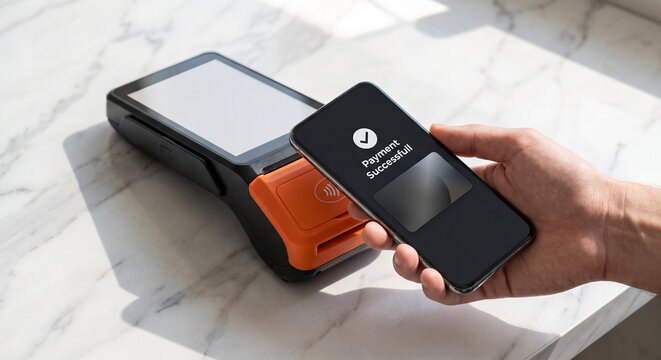 Person Making Contactless NFC Mobile Payment on POS Terminal