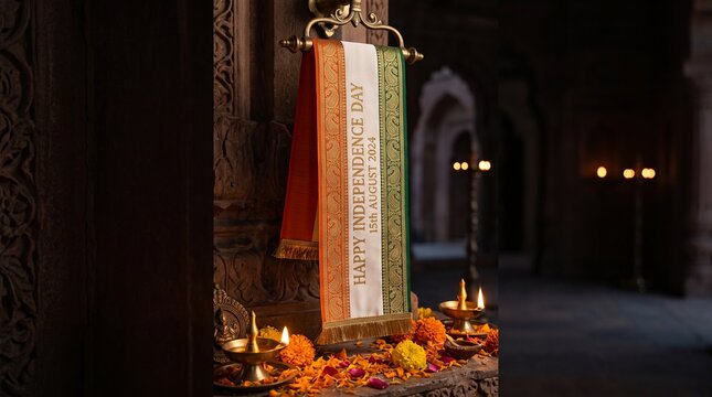 Indian independence day 2024 hanging fabric banner with diya lamp