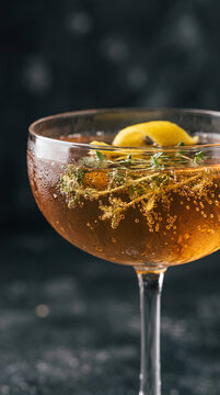 Vertical close-up of a golden premium non-alcoholic cocktail. Sparkling amber mocktail in a coupe glass garnished with lemon twist and thyme