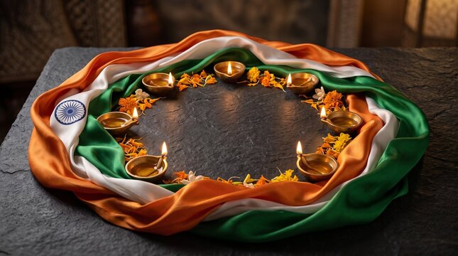 Indian tricolor flag fabric arranged in a circle with lit diya lamps