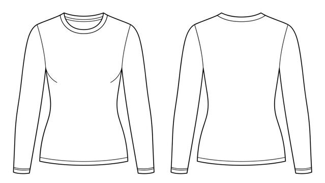 Women's slim fit long sleeve crew neck t-shirt flat sketch fashion illustration drawing template mock up with front and back view