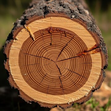 Close up view of a cut tree trunk with growth rings.