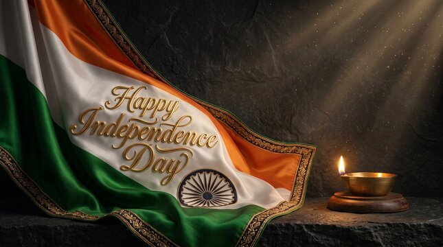 Indian independence day greeting with tricolor flag and lit diya lamp
