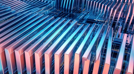 Obraz premium Abstract 3D Vertical Metallic Fins in Blue and Pink Gradient 