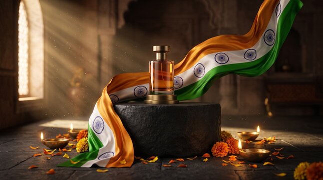 Indian flag ribbon with perfume bottle on stone pedestal and diyas