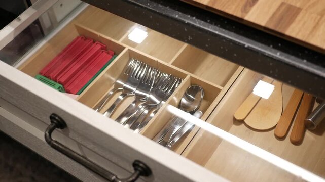 Pull open kitchen drawer with organized cutlery and utensils with LED lights