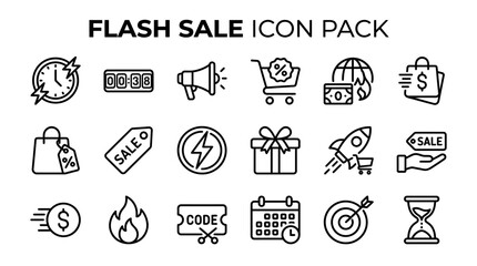 Fototapeta premium Flash sale line icon set for e-commerce promotion, discount offer, online shopping, fast marketing deal, special banner, and store countdown