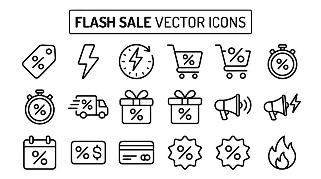 Minimalist flash sale outline vector icon pack containing discount tags shopping carts megaphones and commercial symbols