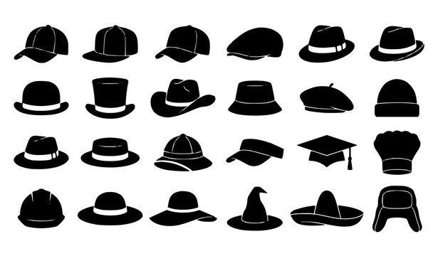 Premium Vector Hat Silhouettes Pack with Classic Fashion Caps Headwear Accessories and Black Silhouette Shapes