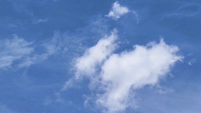 A serene blue sky filled with soft white clouds, capturing a peaceful and tranquil atmosphere on a bright day