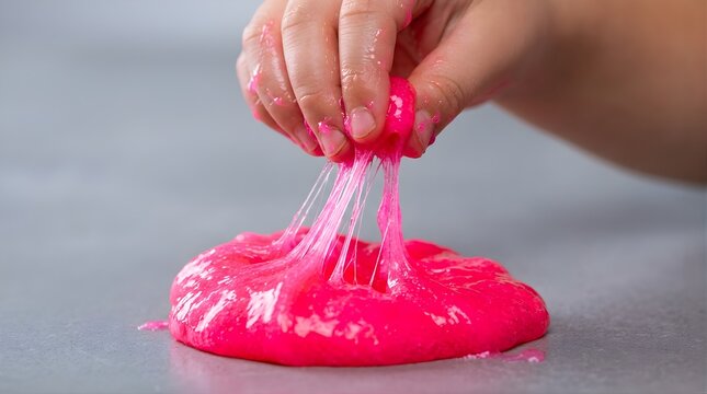 Close up of a child's hand playing with stretchy pink slime on a table