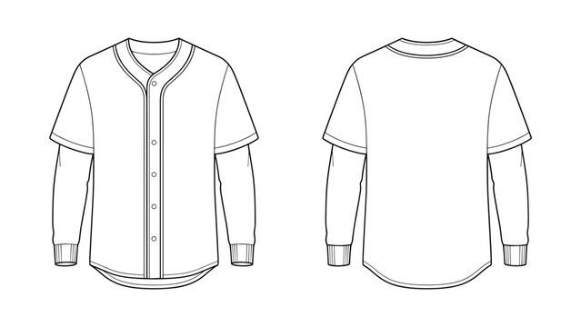 Men's ribbed baseball jersey layered sleeve flat sketch fashion illustration with front and back view. Teamwear T-Shirt drawing vector template mock up