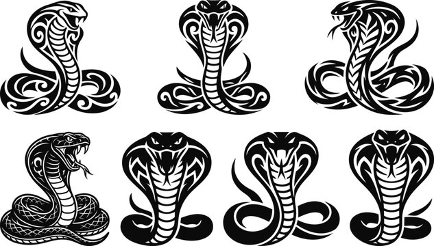 Cobra snake designs collection of black and white tribal style vector illustrations