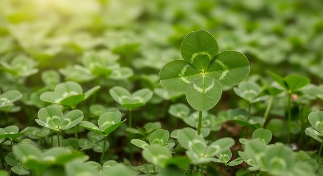 Rare four leaf clover grows in a field. Lucky green plant in nature. Symbol of good fortune luck.