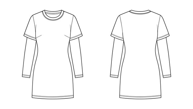 Women's slim mini dress layered sleeve flat sketch fashion illustration with front and back view. Bodycon T-Shirt drawing vector template mock up