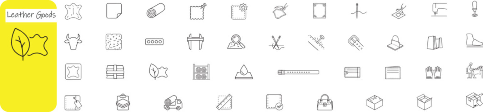 Isolated Leather goods line icons set, professional leathercraft and tanning industry symbols, vector icons for textile manufacturing and fashion design ,Clean grouped each Icon