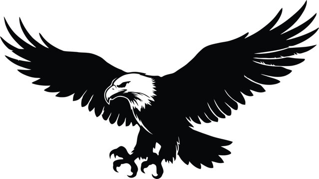 Majestic bald eagle vector, flying bird of prey silhouette, black eagle mascot icon