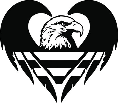 Bald eagle heart silhouette, patriotic bird of prey vector, black and white eagle logo