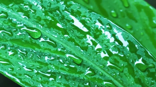 Macro close up of fresh green leaf covered in crystal clear water droplets after rain in garden