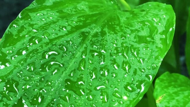 Close up of a lush green leaf with shimmering water droplets and morning dew representing freshness and nature beauty